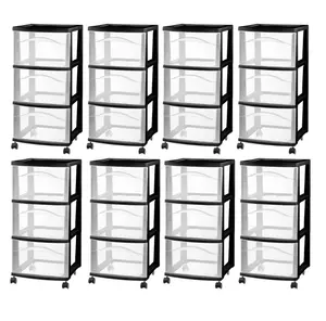 Sterilite 3 Drawer Storage Cart, Plastic Rolling Medium Organizer, Black, 8 Pack