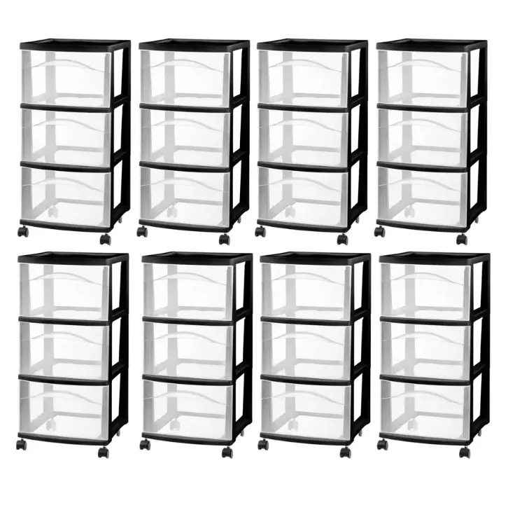 Sterilite 3 Drawer Storage Cart, Plastic Rolling Medium Organizer, Black, 8 Pack