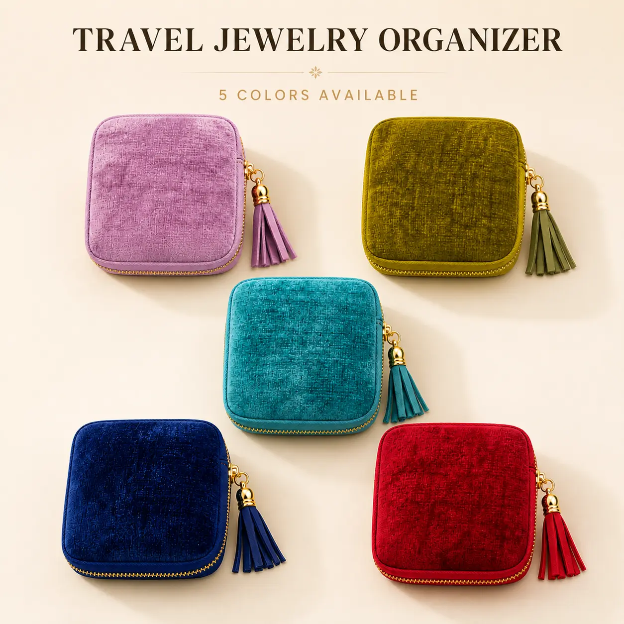 Travel Jewelry Organizer Pouch for Women, Portable Velvet Jewelry Bag with 5 Compartments and Tassel Zipper, Compact Storage Case for Rings, Earrings, Bracelets and Necklaces