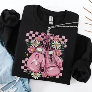 breast cancer awareness sweatshirt, fight like a girl crewneck, pink boxing gloves sweater, October pink ribbon gift, unisex pullover top