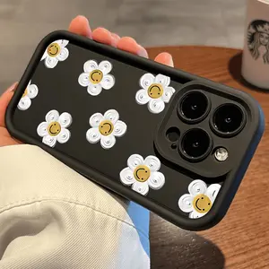 Smiley Face Floral Pattern Case for iPhone 16 15 14 Pro Max 13 12 11 XR XS Plus Non-Yellowing Drop Protection Transparent Silicone Cover