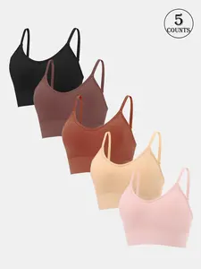 1/3/5-Piece Set Solid Color Daily Sports Yoga Bra Adjustable Straps Slim-Fit Shaping Hem Removable Pads High Stretch Full Cup U-Shaped Back-Flattering Design International One Size Fits Most Women's Summer Crop Bra