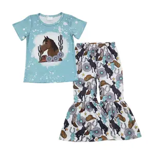GSPO0831--western Cactus jewel horse boots  blue short sleeve girls set toddler clothes