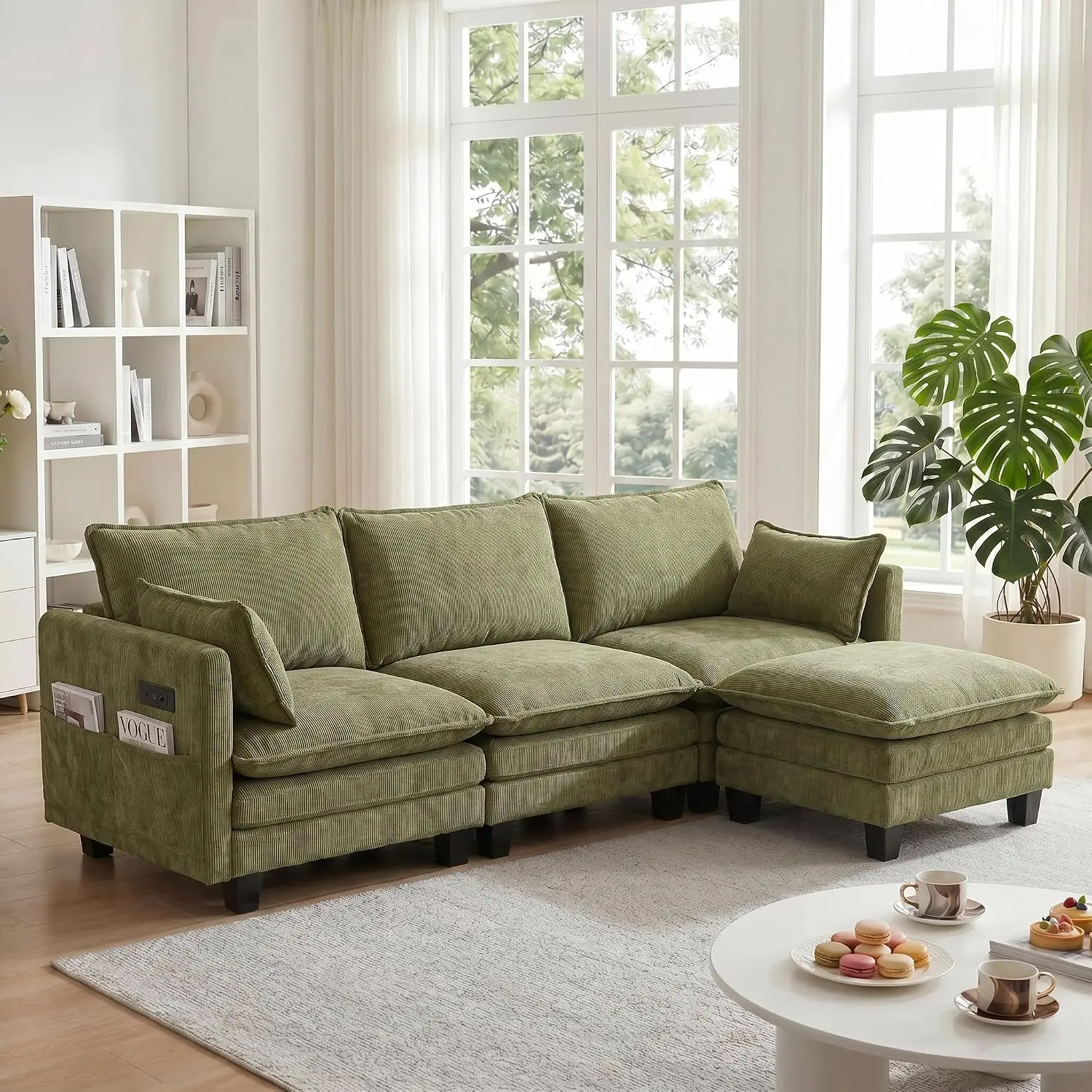 110.4" L Shaped Modular Sectional Sofa, Comfy Upholstery Chenille Cloud Couch with USB, Modern 4-Seat Deep Seat Sofa with Ottoman for Living Room, Apartment, Green