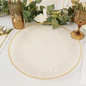 10-Pack Economy Plastic Charger Plates 13" Round Clear Hammered Design with Glittered Gold Rim - Decorative Dinner Party Serving Plates