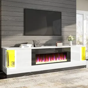 VanAcc Modern TV Stand with Fireplace for Living room, 70"/80" Entertainment Center with LED Lights, Flip Doors & Corner Glass Decor, Large Storage Space Apartment Furniture for TVs up to 80"/90"