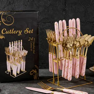 24 Piece Thickened Marble Pattern Stainless Steel Cutlery Set Utensils with Gift Box Storage Rack Western Steak Knife Fork Spoon for Kitchen Dining