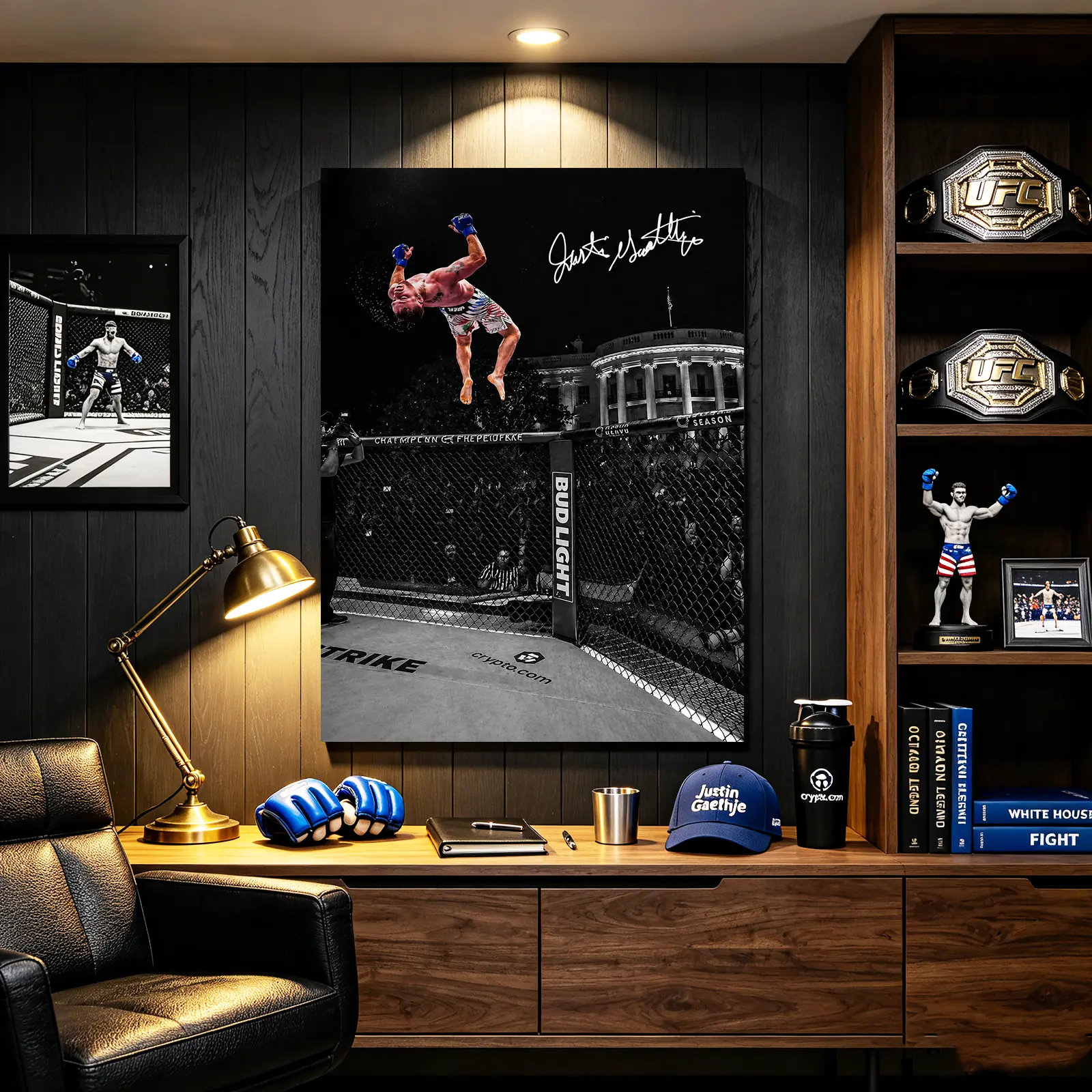 Justin Gaethje Backflip Canvas Poster, UFC White House Fight Octagon Wall Art, Black White MMA Fighter Signed Print, Boxing Decor for Gym Man Cave Gift for MMA Fans