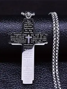 Christian Bible Cross Stainless Steel Silver Color Pendant Necklace, Men's Religious Prayer Faith Jewelry, Punk Style, All Seasons