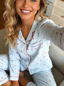 Spring Autumn Cool Style Sleepwear Set, Blue Plaid Cherry Print Long Sleeve Pajamas, Breathable Skin-Friendly Home Wear