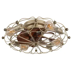 20 Inch Round Caged Rustic Low Profile Ceiling Fan with Dimmable Light & Remote Control, Metal Frame 7 Plastic Blades Reversible Motor Quiet Compact Embedded Ceiling Fan, Space Saving Easy Install Indoor Home Ventilation Fixture