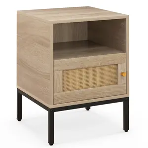 COSTWAY - Home Boho Style Accent Table with Open Shelf and 1 Door Cabinet-Natural
