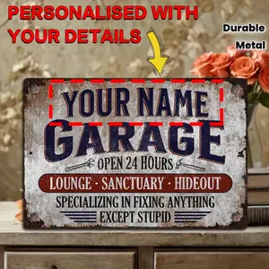 Personalized Garage Sign 8x12 Inches Durable Metal Vintage Style Wall Art Decor for Home & Garage Owners Custom Text Ideal Gift for Men