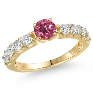 14K Yellow Gold Pink Tourmaline and Lab Grown Diamond Engagement Ring For Women | 1.62 Cttw | Round 5MM | Gemstone October Birthstone
