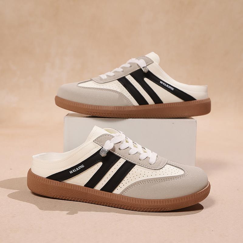 Women's Fashion Flat Backless Shoes Casual Lace-Up Slip-on Sneakers Outdoor Walking Closed Toe Shoes