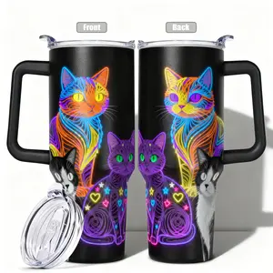 1pc, 40oz/30oz/20oz/14oz Stainless Steel Cup Neon Cats Double Wall Vacuum Insulated Cup, Leakproof Lid & Carry Handle Travel Mug for Outdoor Camping Hiking, Gift for Dad, Mom, Brother, Sister, Insulated Travel Drinkware Funny Dad Tumbler
