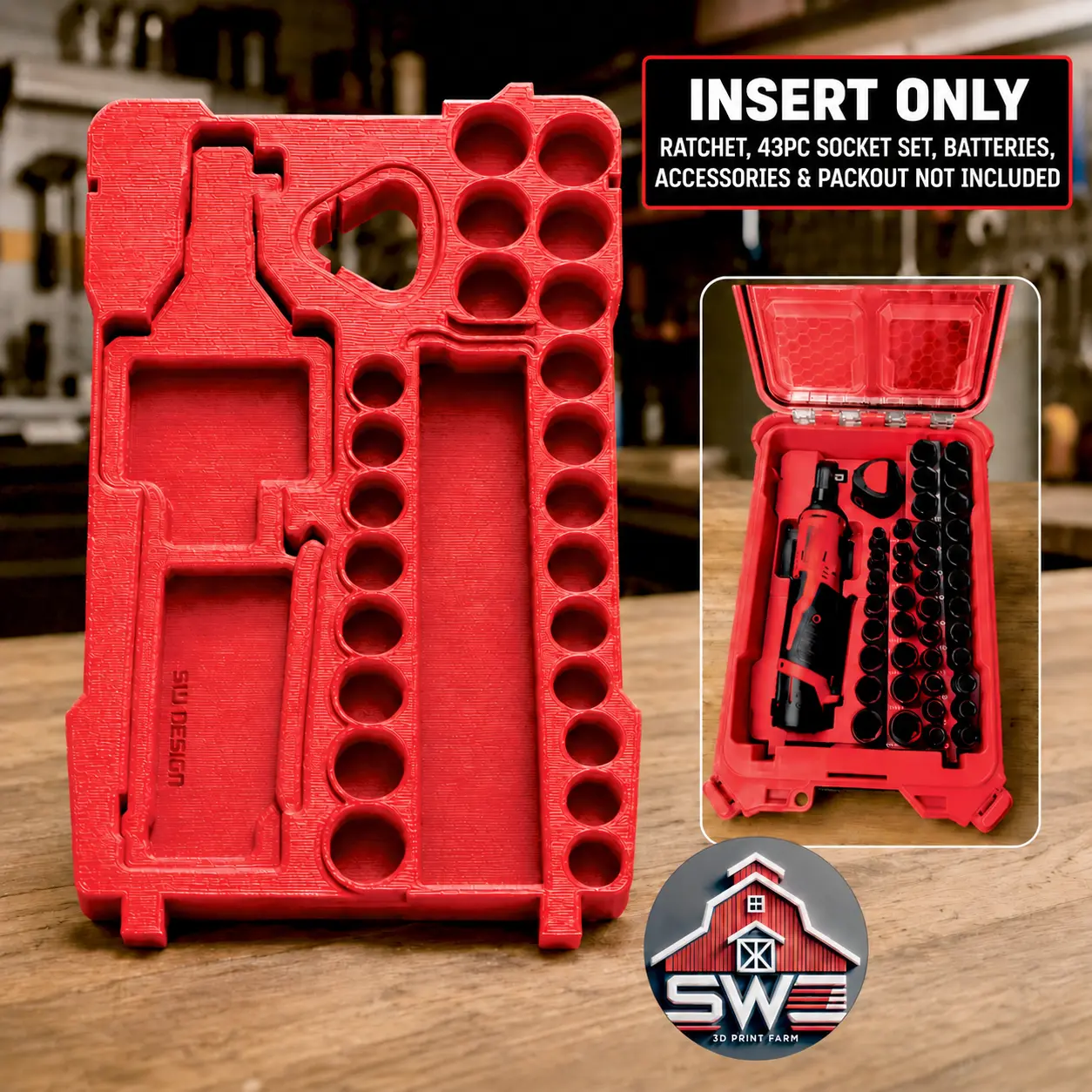 M12 Ratchet 2457-20 + 43PC 3/8 Impact Socket Set Organizer Insert for Milwaukee Packout 48-22-8435 — INSERT ONLY