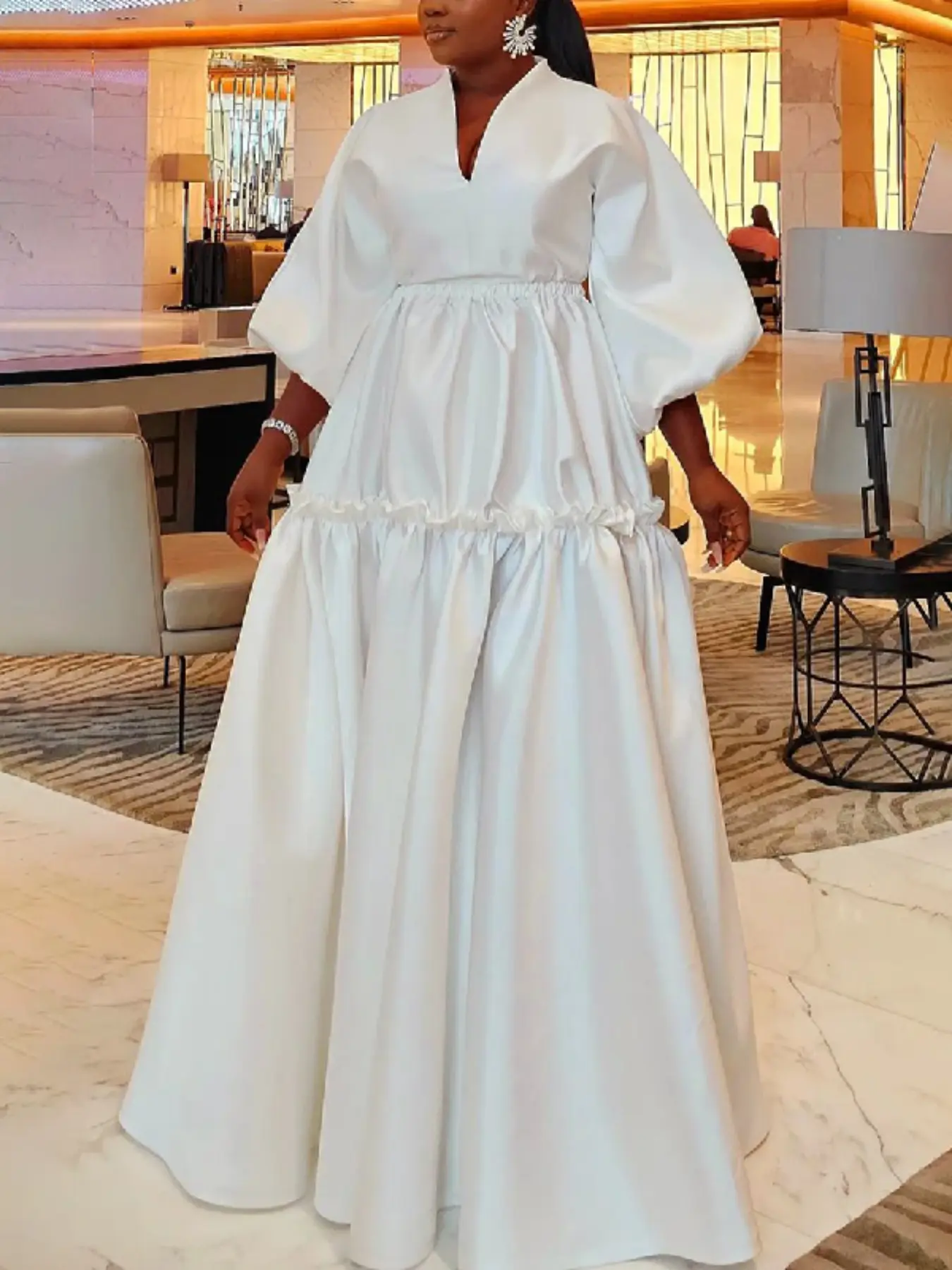 Women's Elegant High-Waisted Long Dress, Bubble Sleeve Ruffled Ruffle Hem, Plain Color V Neckline, Loose-Fit Woven Fabric, All Seasons Wear, Lady, Womenswear, Modest Muslim Outfits, Modest Muslim Clothing, Muslim Dresses