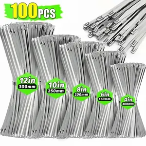 Metal Zip Ties,100 Pcs 4/6/8/10/12 Inch,304 Stainless Steel Zip Ties Multi-purpose Metal Cable Ties-Suitable for Outdoor Chain Link Fence and Exhaust Wrap Zip Ties Heavy Wire Garden