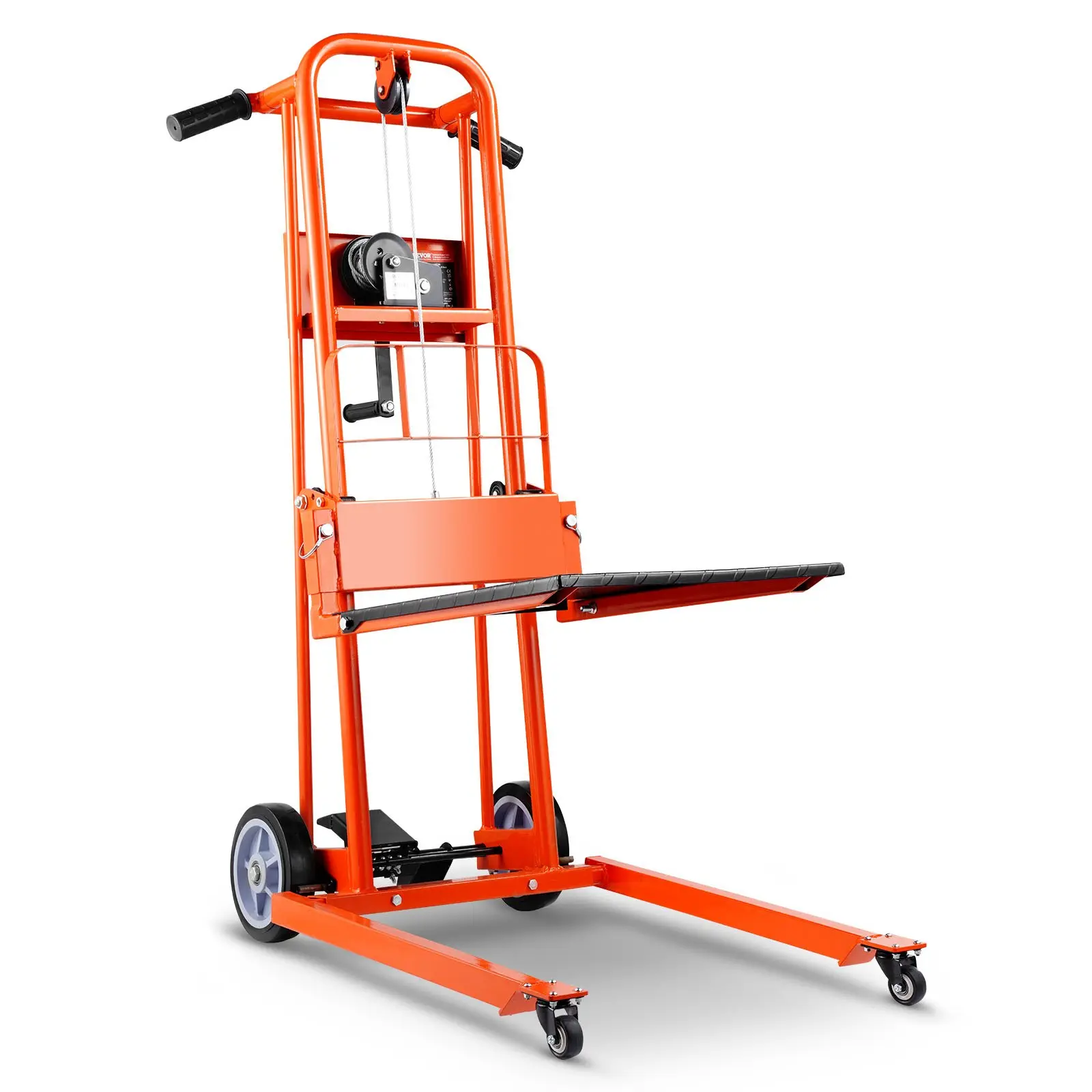 VEVOR Heavy Duty Metal Manual Winch Stacker, 330lb Capacity, 42.9in Max Lifting Height, 37.4x23.6x52.8in Size, 79.4lbs Weight, Dual Mode Design, Lifts Loads, Efficient Handling, Warehouse Pallet Truck Dolly with Long Handles, Welded Frame, Swivel Casters,