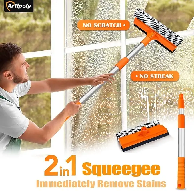 Artipoly Window Squeegee 62 Super Long Stainless Steel Pole Mirror Cleaner Tool Extendable Squeegee for Window Cleaning Fit High Up Area Shower Door and Tiles TT250003 Glass Rubber Sponge