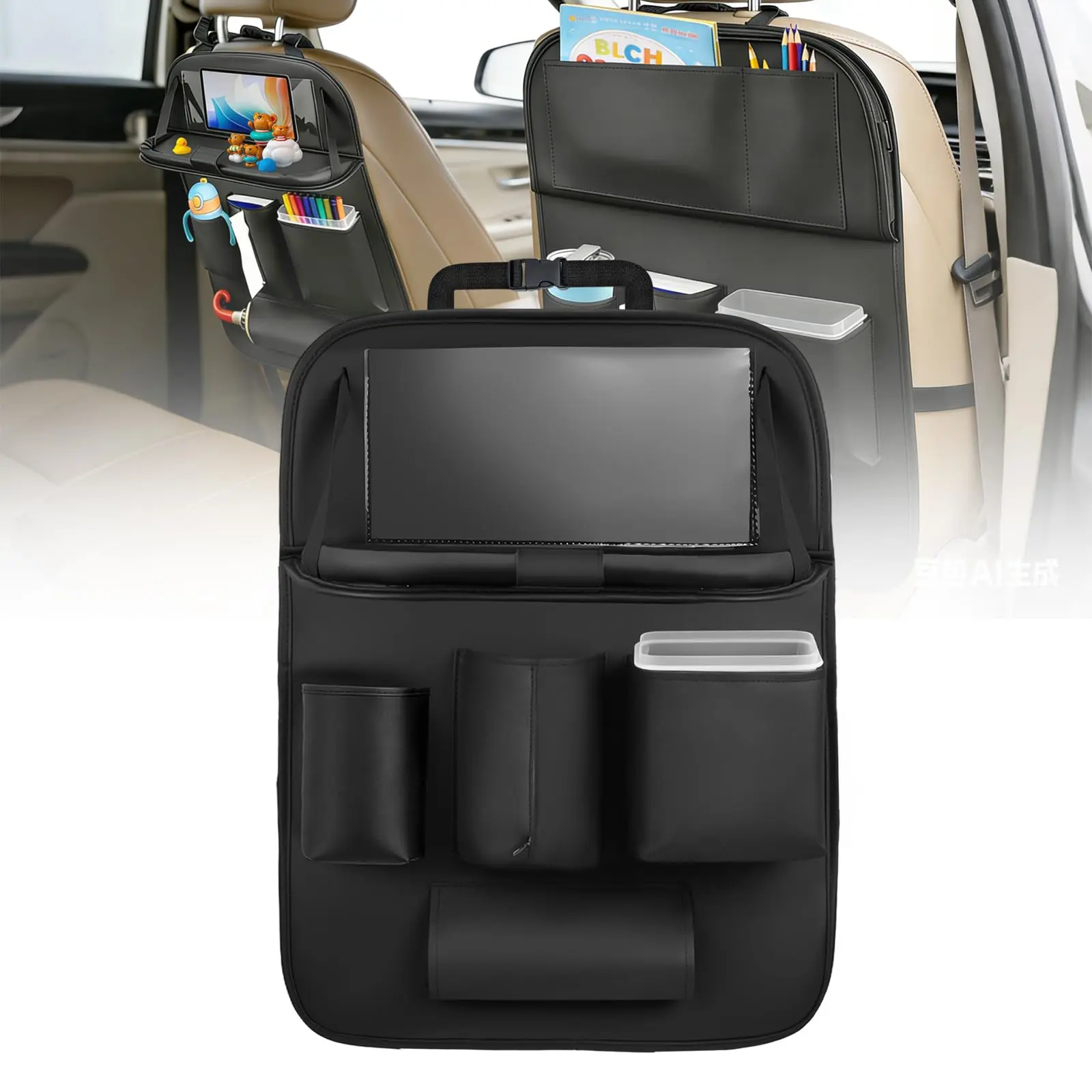 Nilight Car Seatback Organizer 1PCS with Foldable Tray Tablet Holder PU Leather Multifunctional Storage Bag Kick Mat Tissue Box Removable Bucket Waterproof Universal for Car Van SUV MPV Pickup Truck, Car Accessories Interior, Auto Accessories