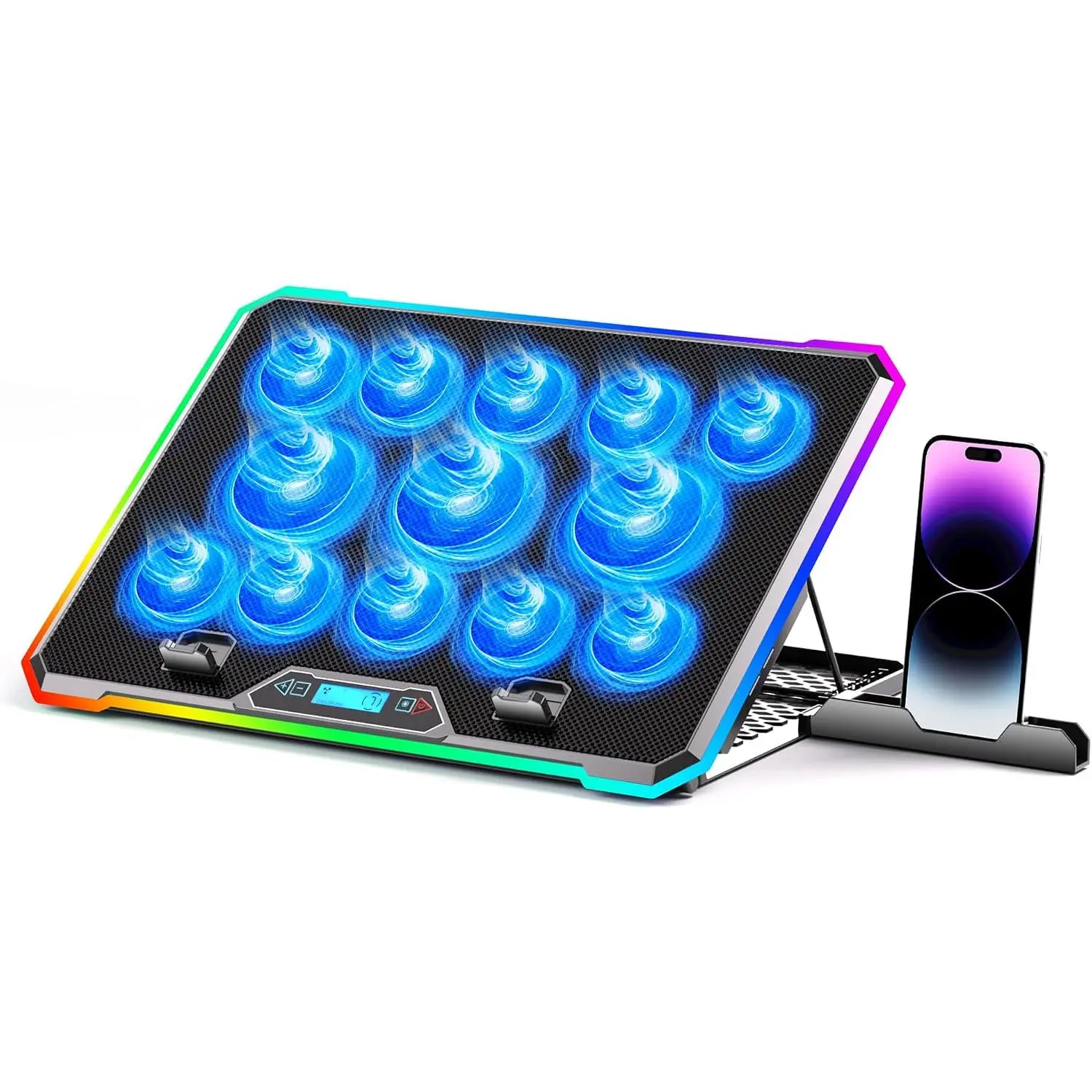 Gaming Laptop with 13 Quiet Fans, LCD Screen and Multi Color RGB - 10 Lighting Modes, 9 Heights, Dual USB Ports, in Phone Holder for 15 to 21 Inch Laptops on Desk or Lap