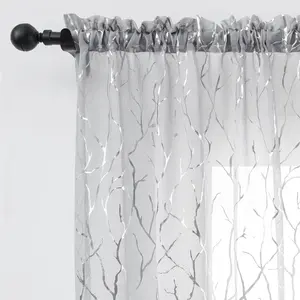 Tree Branch  Sheer Curtains for Living Room - Metallic  Tree Pattern Grey Curtains 84 Inch Length for Bedroom Rod Pocket Sheer Tree Curtains, 52 x 84 Inch, 2 Panels, Grey
