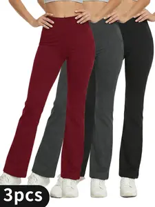 3-Piece Bell-Bottom Set ,High Waist Yoga Pants with Pockets & Tummy Control - Stretchy & Stylish for Daily Wear,Legging, Basic, Minimalist