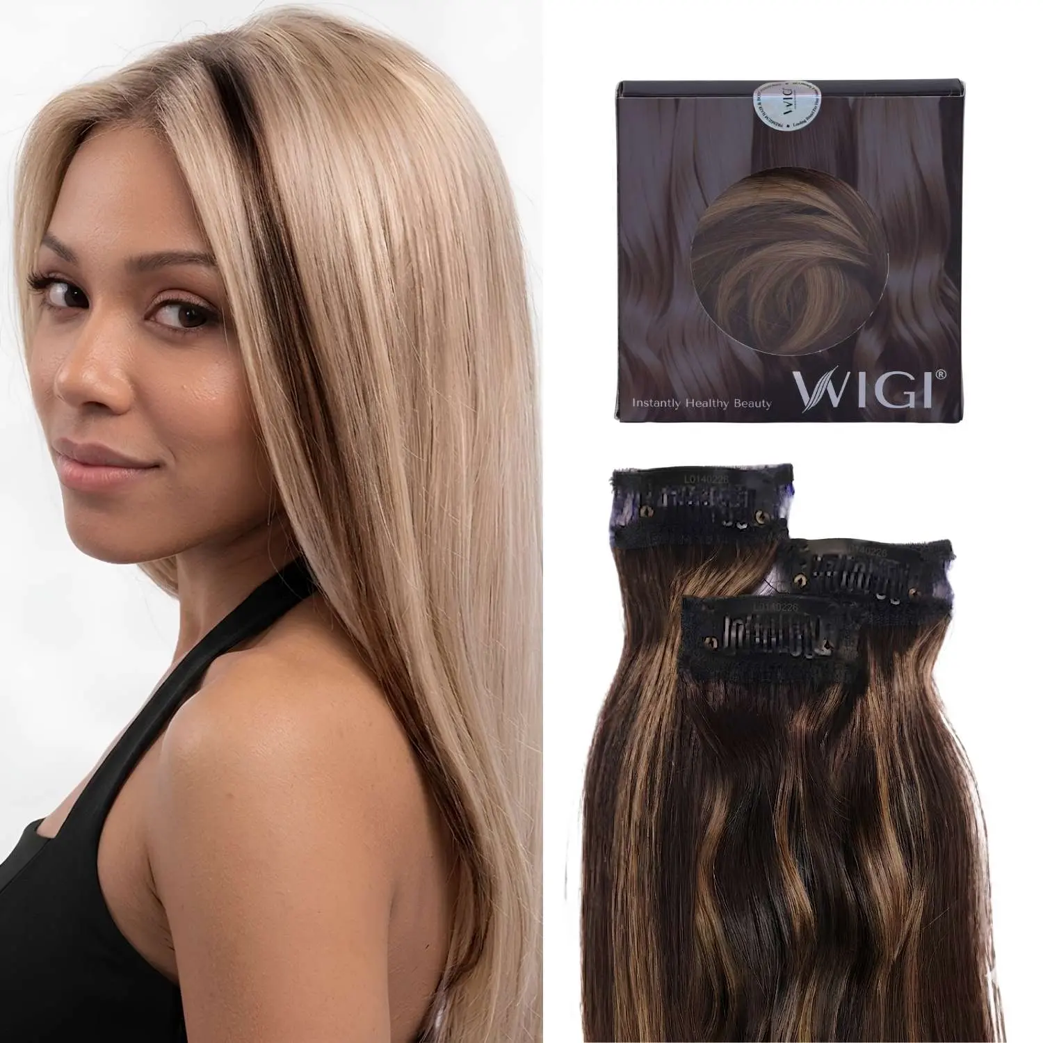 WIGI Balayage Dark Brown to Chestnut Brown Clip-In Human Hair Extensions, 18 Inch Straight, 3-Piece Set