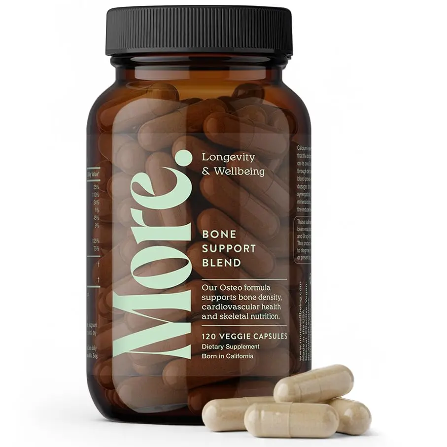 More. Longevity & Wellbeing Premium Calcium Supplement - Bone Strength Supplements with Magnesium, Vitamin D3 + K2 & Zinc for Bone Health Support - 4 Capsule Daily - Easy to Swallow - 120 Capsules