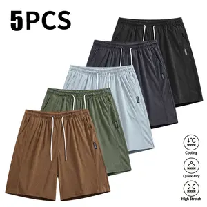 Men’s 5-piece ice silk cooling shorts set — quick-drying, breathable, sweat-wicking, highly elastic, loose fit athletic mid-length shorts; suitable for home, gym, and beach.