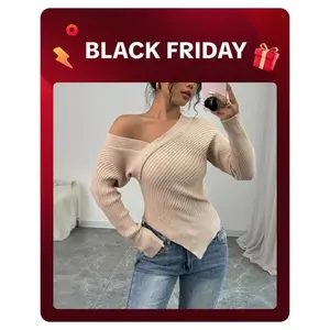 Off-Shoulder Soft Stretchable Ribbed Sweater, Fits Small, Size Up! Elegant Wrap Asymmetric Top