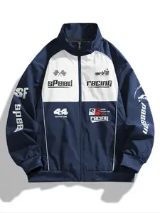 Colorful splicing men's racing themed letter printed jacket, Coats, a casual and fashionable motorcycle jacket suitable for daily sports and outdoor activities, trendy clothing, comfortable to wear, and strong functionality.