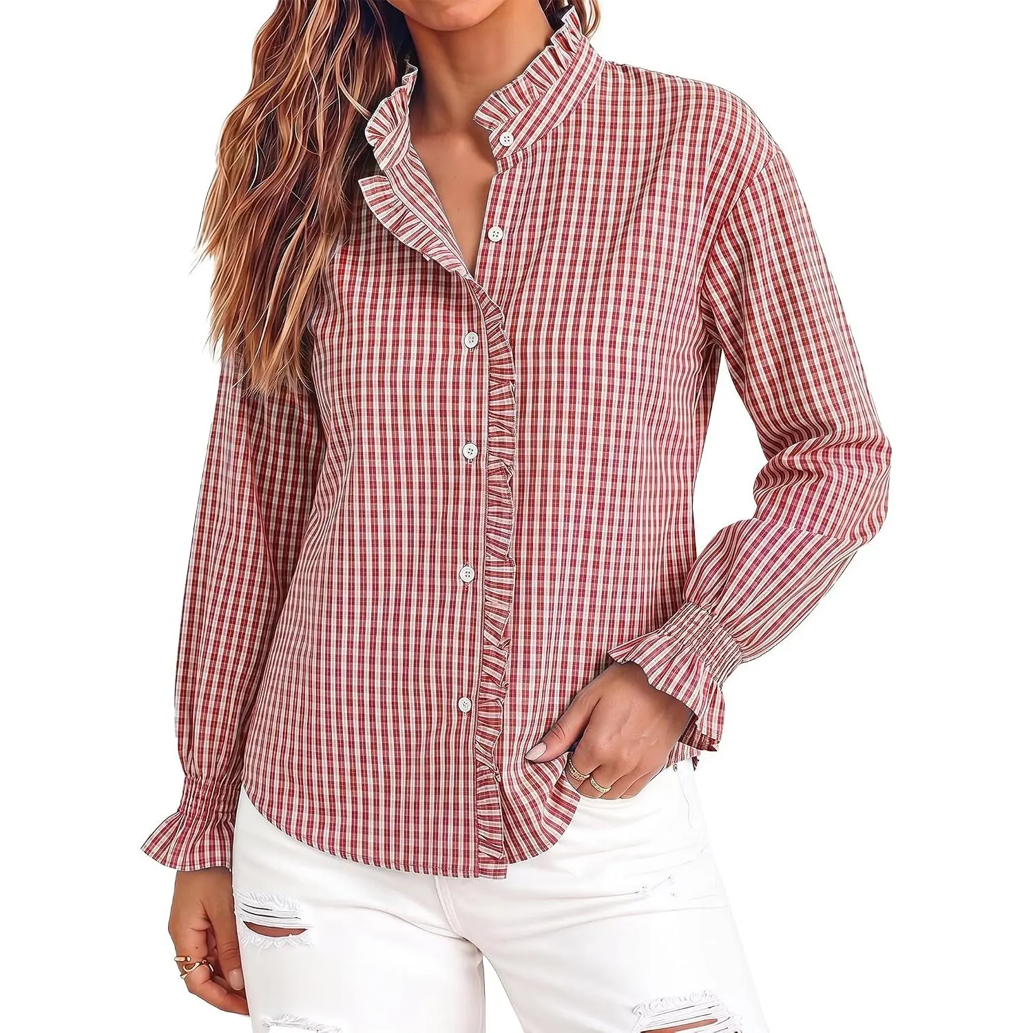 Totatuit Women's Soft Cotton-Polyester Blend Plaid Gingham Button-Down Long Sleeve Blouse - Ruffle Peter Pan Collar, Smooth Feminine Elegance Fabric, Casual Office Work Top