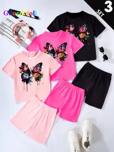 Girls' Summer Fashion Cartoon Letter Print Shorts & Tee Set, High Waist Loose-Fitting Casual, 6-Piece Set