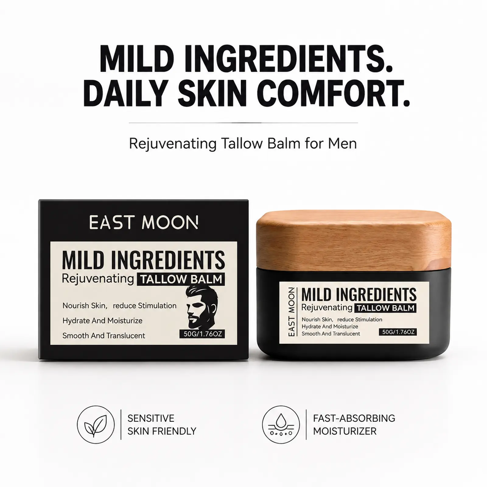 Men's Tallow Balm Facial Moisturizer | Rejuvenating & Soothing Face Cream for Dry, Sensitive Skin | Fast-Absorbing, Mild & Non-Irritating | Continuous All-Day Hydration Skincare