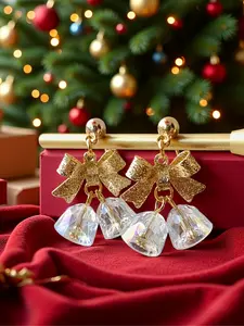 Women's Dangle Earrings, Statement Earrings, Brass Material, Vintage Bell Bow Design, Imitation Crystal Studs, Perfect Gift for Her