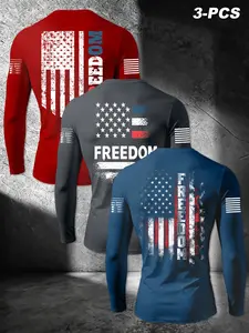 Men's 3-Piece Sportswear Set, Long Sleeve Flag Print T-Shirt, Fitted H-Type Top, All-Seasons Universal Sports Wear