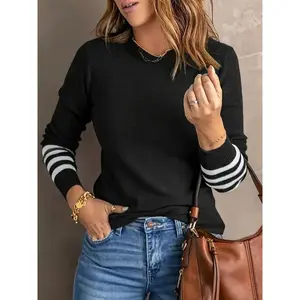 Women's Casual Crew Neck Pullover Sweater with Colorful Striped Sleeves, 100% Polyester Knit Fabric, Pure Color, All Seasons Wear