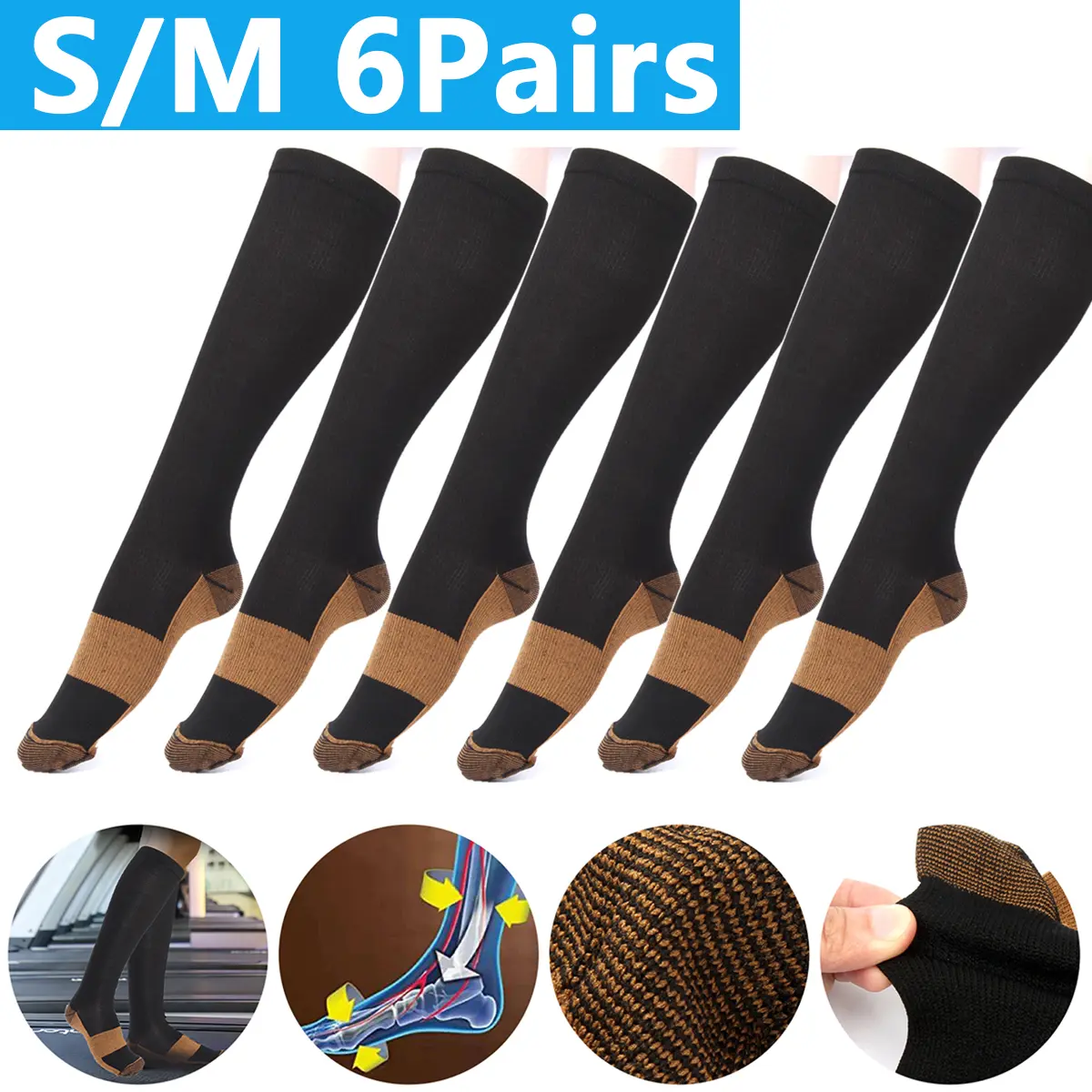 Mens & Womens Copper Compression Ankle Socks (6 Pairs, S/M), 20-30mmHg Graduated Support, Non-Slip for Pilates & Joggers, Compression Stockings for Nurses, Doctors & Muscle Recovery
