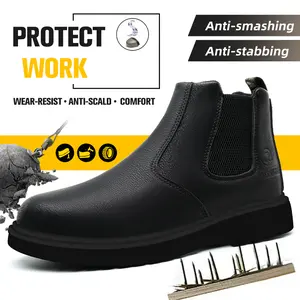 QINGRUIPAI Men's Steel Toe Safety Work Shoes, Brown Slip-On Leather Boots, Lightweight, Breathable and Puncture-Resistant Design