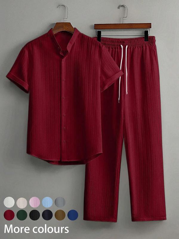 Two-Piece Set Men's Linen Set, Casual Short Sleeve Button Up Shirt & Pants Set for Summer, Men's Clothes for Beach Vacation Two-Piece Set Men's Linen Set, Casual Short Sleeve Button Up Shirt & Pants Set for Summer, Men's Clothes for Beach Vacation