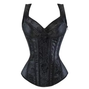 Women Corset with Straps Black Overbust Corsets Vest Vintage Steampunk and Bustiers Lace Up Boned Jacquard Top