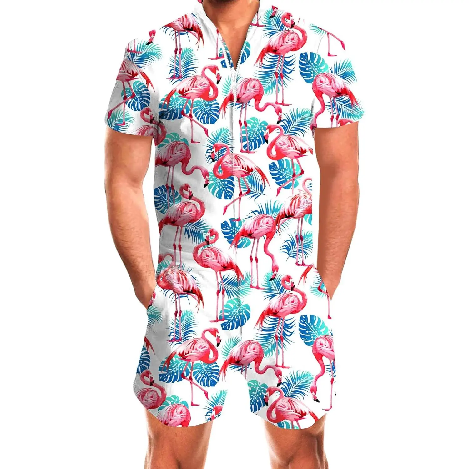 Male Hawaiian Fashion Zipper Slim Fit Jumpsuit with Pocket S-XXL