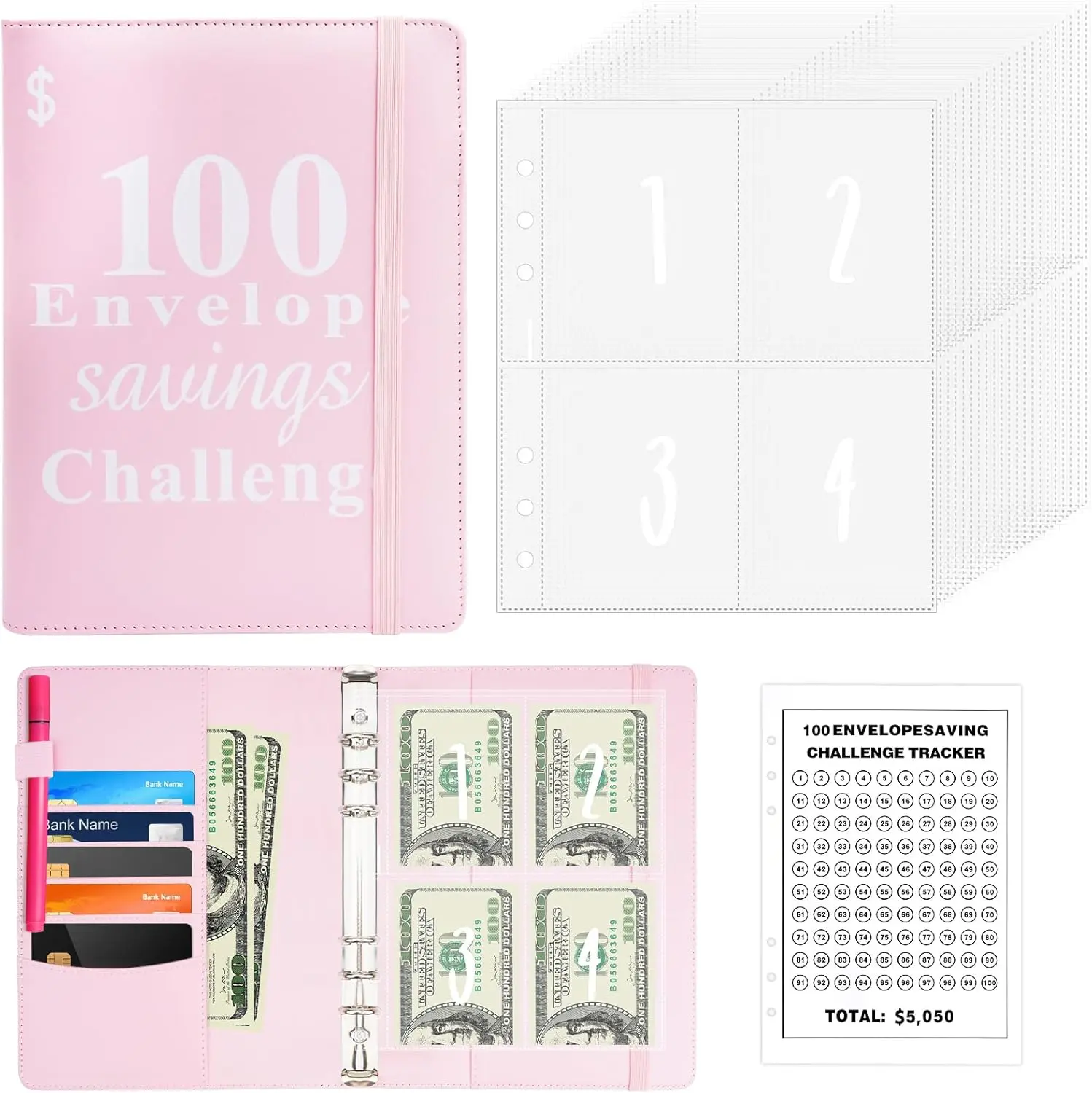 100 Envelopes Money Saving Challenge,Money Saving Binder 100 Envelope Challenge Binder with Cash Envelopes & Laminated Tracker,A5 Savings Challenge Book with Envelope-Pink