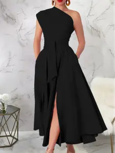 Women's Plus Size Dress, Asymmetrical Shoulder Tie Design, Waist Cinching, Pockets, Slit Hem, Perfect for Dates and Parties