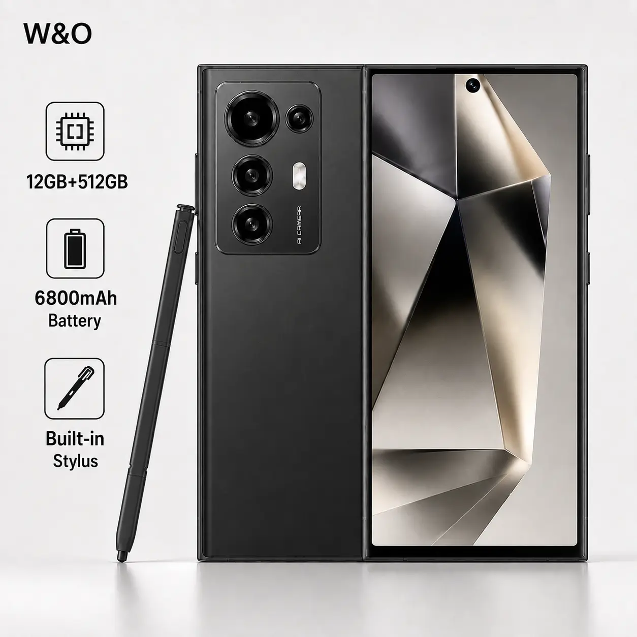 W&O 5G Smartphone, 12GB+512GB, 6.8-Inch HD Display, 6800mAh Battery, Built-in Stylus, Android 14, 50MP Camera, Octa-Core, Dual SIM Card Fingerprint Rear Memory Metallic Navigation Retractable Screen Streaming