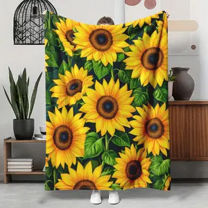 Sunflower Oil Painting Flannel Blanket, Bright Yellow Floral Art Soft Throw, Cozy Warm Gift for Her Him Sunflower Lovers, Farmhouse Home Decor for Couch Sofa Bed, AC Room Summer Blanket, Birthday Mother's Day Gift, Sunshine Throw