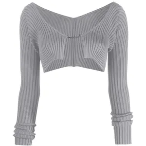 Women's Cropped Shrug Sweaters Long Sleeve Ruffle Rib Knit Bolero Open Front Short Cardigan Grey S-2XL